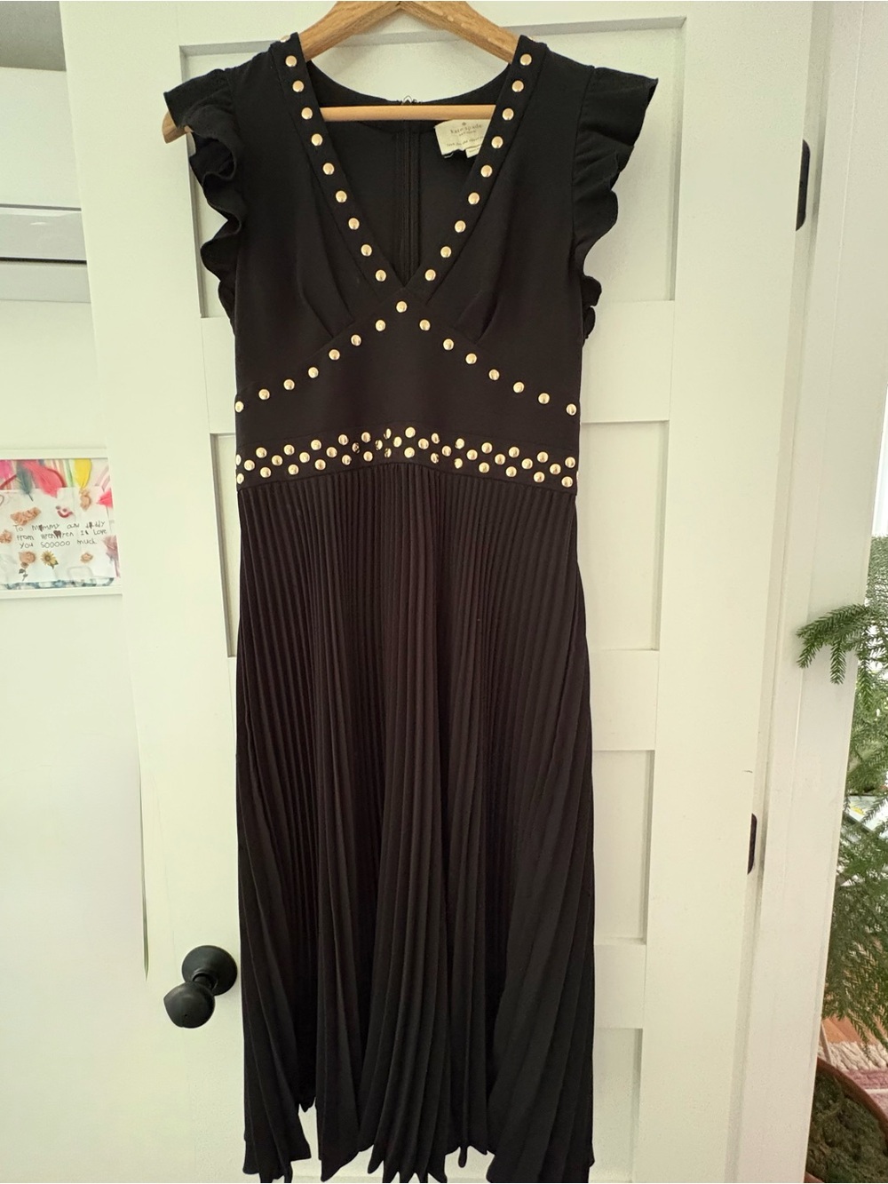 Kate Spade Black Pleated Midi Dress with Gold Studs and ruffle cap sleeves